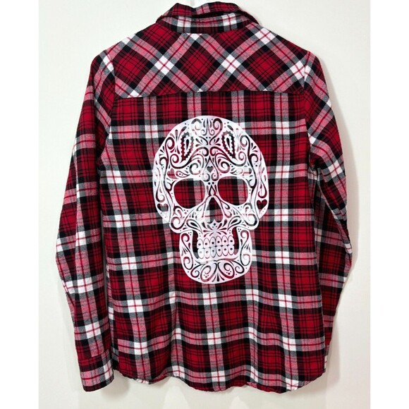 Hot Topic Red Plaid Sugar Skull Flannel Shirt Small Goth Romantic Steam Punk - Picture 6 of 11